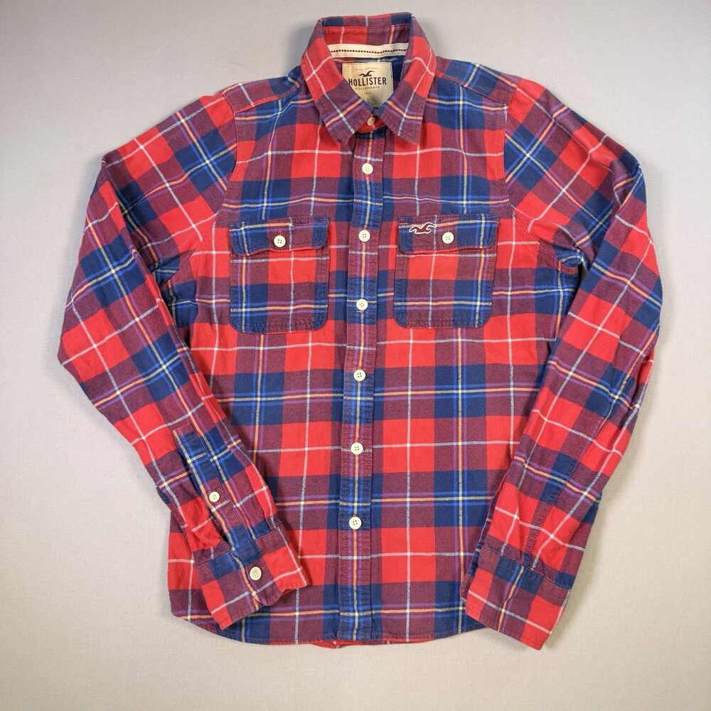 Hollister Button-Up Shirt Men's Sz L Red & Blue Cotton Plaid Long Sleeve Flannel